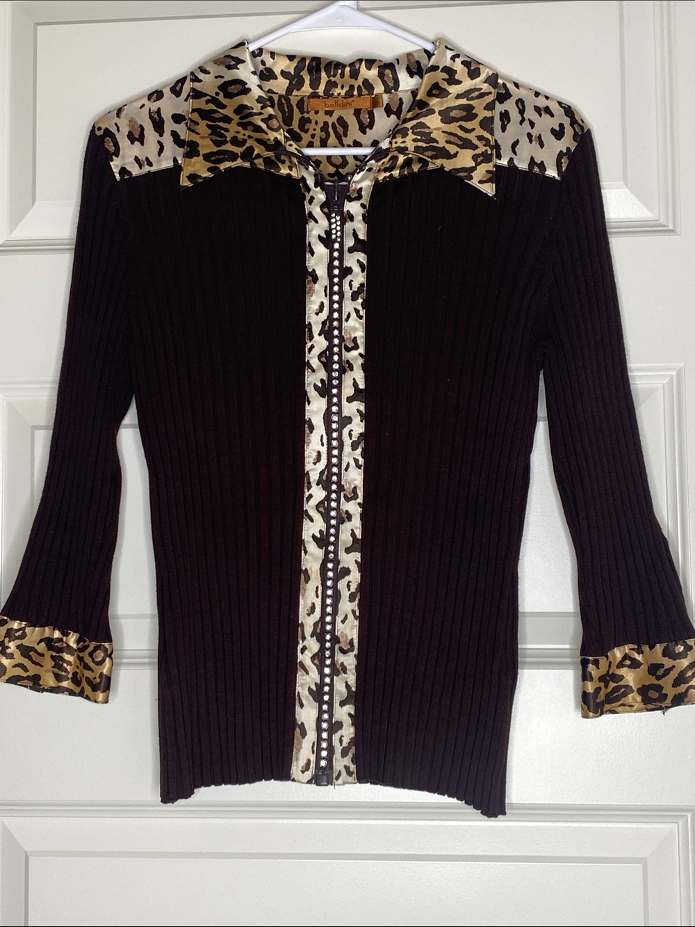 Y2K Brown Ribbed Zip Cardigan with Leopard Print Trim